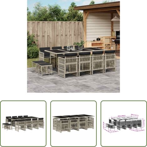 vidaXL Cojines para sillas -  Set comedor jardín y cojines 13 pzas ratán sintético gris claro