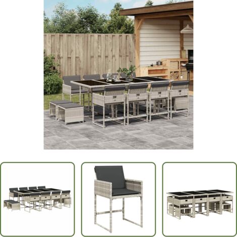 vidaXL Cojines para sillas -  Set comedor jardín y cojines 13 pzas ratán sintético gris claro