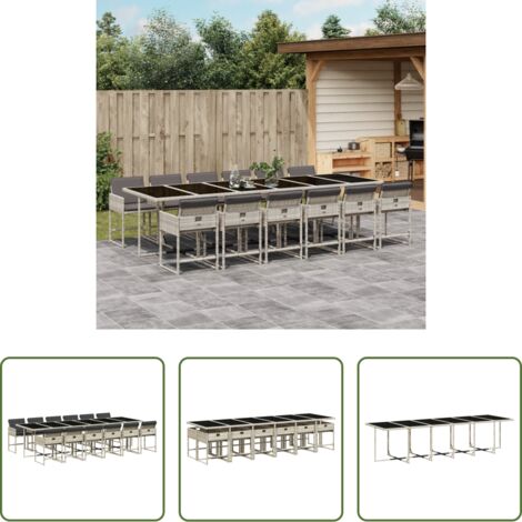 vidaXL Cojines para sillas -  Set comedor jardín y cojines 13 pzas ratán sintético gris claro