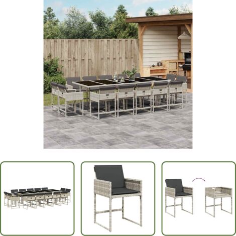 vidaXL Cojines para sillas -  Set comedor jardín y cojines 15 pzas ratán sintético gris claro