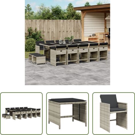 vidaXL Cojines para sillas -  Set comedor jardín y cojines 15 pzas ratán sintético gris claro