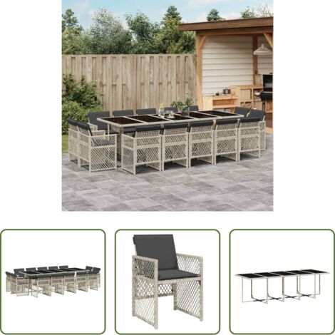 vidaXL Cojines para sillas -  Set comedor jardín y cojines 15 pzas ratán sintético gris claro