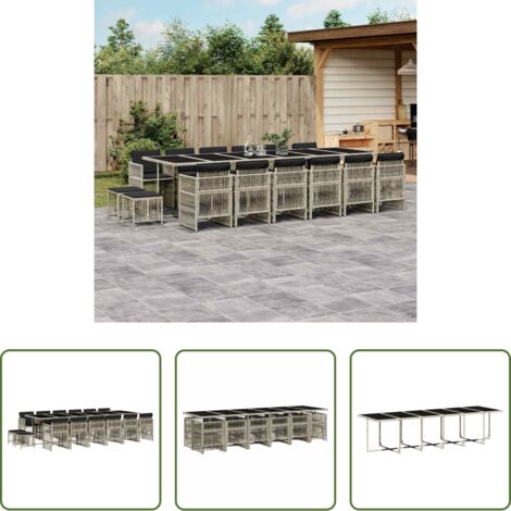 vidaXL Cojines para sillas -  Set comedor jardín y cojines 17 pzas ratán sintético gris claro