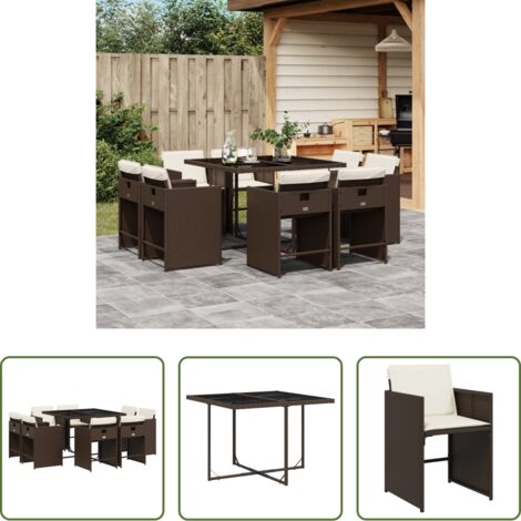 vidaXL Cojines para sillas -  Set comedor para jardín 9 pzas y cojines ratán sintético marrón