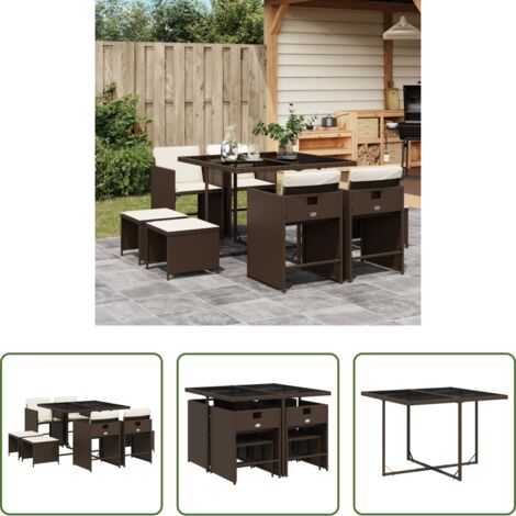 vidaXL Cojines para sillas -  Set comedor para jardín 9 pzas y cojines ratán sintético marrón
