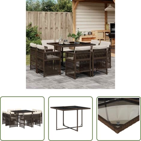 vidaXL Cojines para sillas -  Set comedor para jardín 9 pzas y cojines ratán sintético marrón