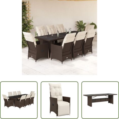 vidaXL Cojines para sillas -  Set de mesa y sillas jardín 9 piezas y cojines ratán PE marrón