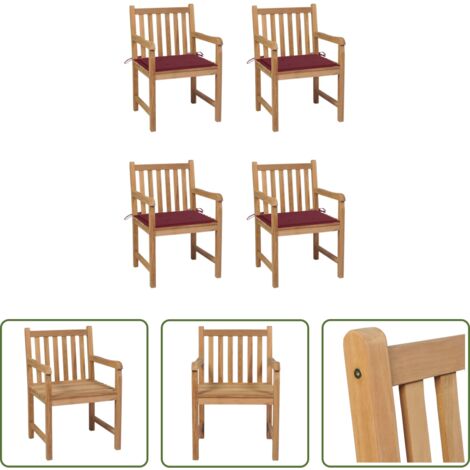 vidaXL Cojines para sillas -  Sillas de jardín 4 uds madera de teca con cojines rojo tinto