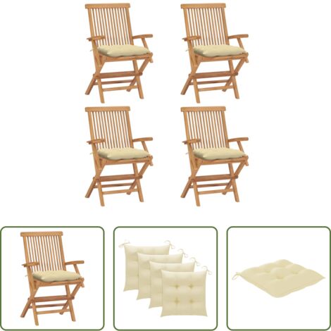 vidaXL Cojines para sillas -  Sillas de jardín 4 uds madera teca con cojines crema blanco
