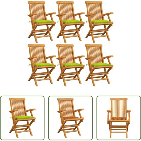 vidaXL Cojines para sillas -  Sillas de jardín 6 uds madera teca con cojines verde brillante