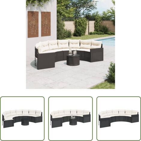 vidaXL Cojines para sofá -  Sofá de jardín semicircular con mesa y cojines ratán PE negro