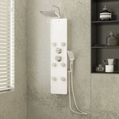 Vidaxl – Colonne de douche hydromassante en acier inoxydable et verre trempé – 3 modes de douche – 6 jets de massage – Dimensions 25x47,5x130 cm – Blanc