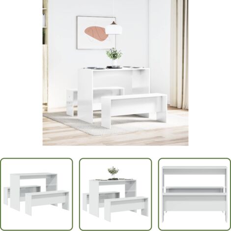 vidaXL Comedor de madera -  Mesa y bancos de comedor 3 pzas madera ingeniería blanco brillo
