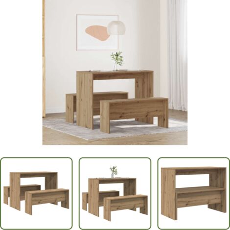 vidaXL Comedor de madera -  Mesa y bancos de comedor 3 pzas madera ingeniería roble atisian