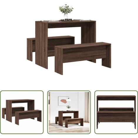 vidaXL Comedor de madera -  Mesa y bancos de comedor 3 pzas madera ingeniería roble marrón