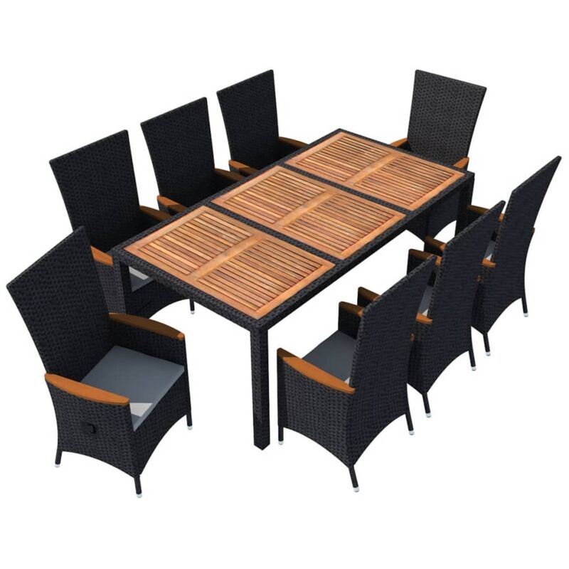 

vidaXL Set comedor de jardín 9 pzas ratán sintético y madera negro - Negro