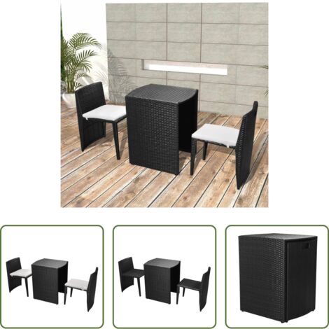 vidaXL Comedor exterior -  Mesa y sillas bistró jardín 3 pzas y cojines poli ratán negro