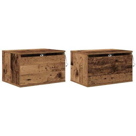 vidaXL Comò da letto a parete con striscia LED 2 pcs Legno vecchio