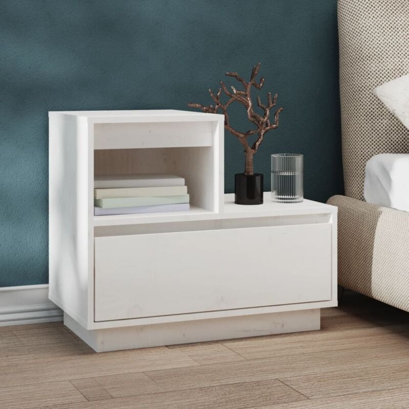 Comodino in legno massello con cassetto e piano superiore vari colori colore : Bianco