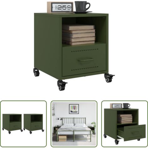 vidaXL Comodino con cassetto -  Comodini 2 pz Verde Oliva 36x39x43,5 cm in Acciaio