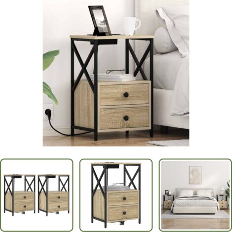 vidaXL Comodino con stazione di ricarica -  Armadio da Notte 2 pcs Rovere Sonoma 40 x 31 x 60 cm