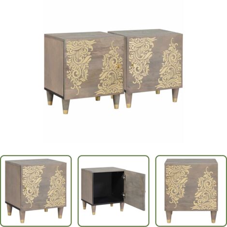vidaXL Comodino in legno di mango -  Comodino con porta 2 pcs Grigio 40 x 33 x 46 cm