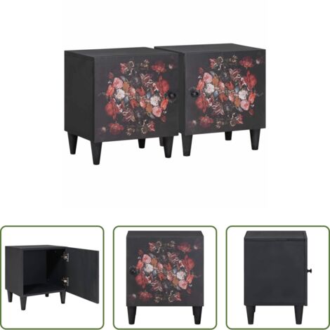 vidaXL Comodino in legno di mango -  Comodino con porta 2 pcs Nero 40 x 33 x 46 cm