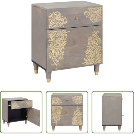 vidaXL Comodino in legno di mango -  Comodino con porta con cassetto Grigio 50 x 33 x 60 cm