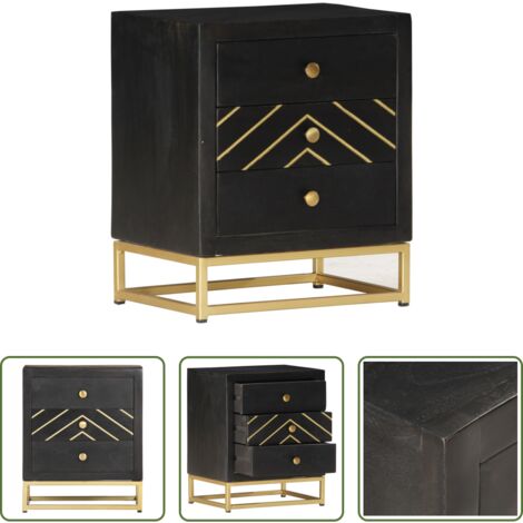 vidaXL Comodino in legno massello -  Comodino Nero e Oro 40x30x50 cm in Legno Massello di Mango