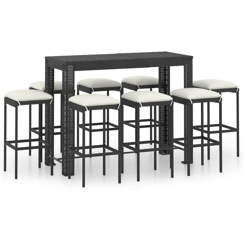 

vidaXL Conjunto de bar para jardín 9 piezas con cojines ratán PE negro - Negro