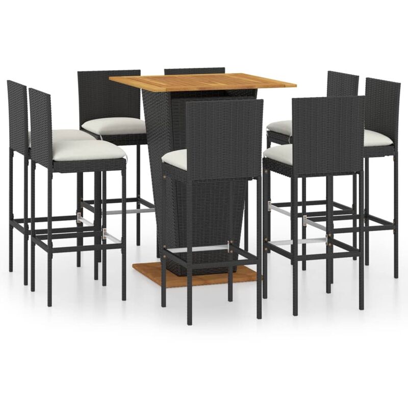 

Conjunto de bar para jardín 9 pzas con cojines ratán PE negro - Negro - Vidaxl