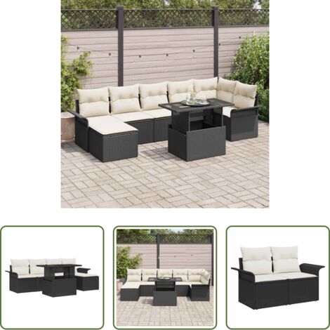 vidaXL Conjunto de jardín -  Conjunto de sofá de jardín con cojín 8 pcs Negro Poliratán