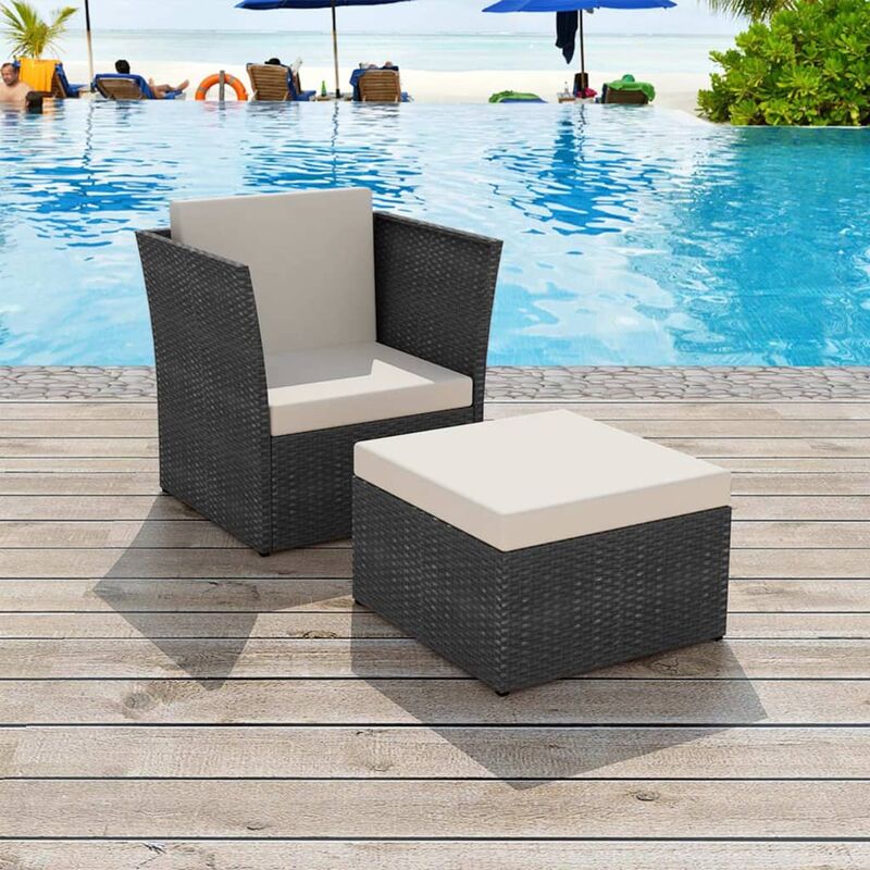 

vidaXL Silla de Jardín con Taburete Poli Ratán Negra - Negro