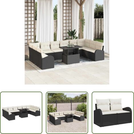vidaXL Conjunto modular -  Conjunto de sofá de jardín con cojín 11 pcs Negro Poliratán