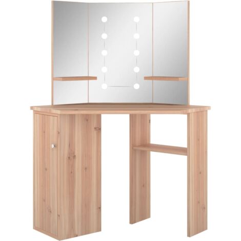 main image of "vidaXL Corner Dressing Table with LED Oak 111x54x141.5 cm - Brown"