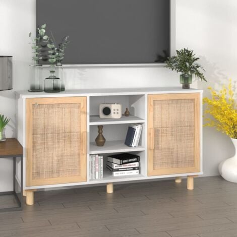 vidaXL Credenza Bianca 105x30x60cm Legno Massello Pino Rattan Naturale