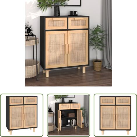 vidaXL Credenza con cassetti -  Credenza Nera 60x30x75 cm Legno Massello Pino e Rattan Naturale