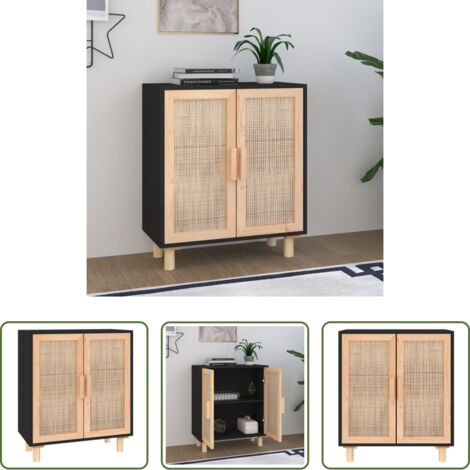 vidaXL Credenza con rattan -  Credenza Nera 60x30x70 cm Legno Massello Pino e Rattan Naturale