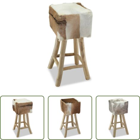 vidaXL Cuero de cabra -  Taburete de cocina de piel de cabra y madera de teca maciza
