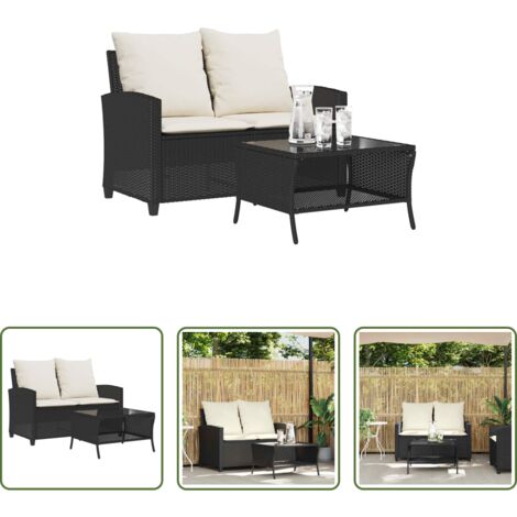 vidaXL Cuscini da giardino -  Divano da Giardino a 2 Posti Cuscini&Tavolo Nero in Polyrattan