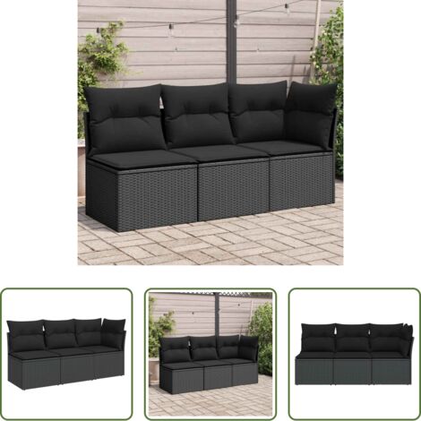 vidaXL Cuscini da giardino -  Divano da giardino con cuscini 3 posti nero in polyrattan