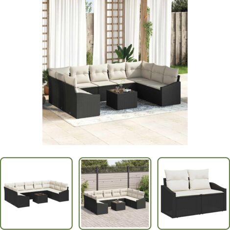vidaXL Cuscini da giardino -  Set di divani con cuscino 10 pcs Nero polyrattan