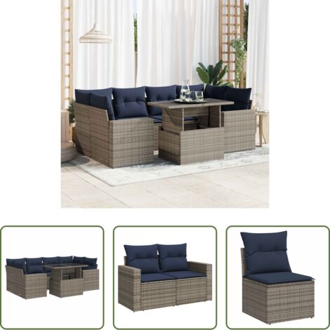 vidaXL Cuscini da giardino -  Set Divani da Giardino 7pz con Cuscini Grigio Polyrattan Acacia