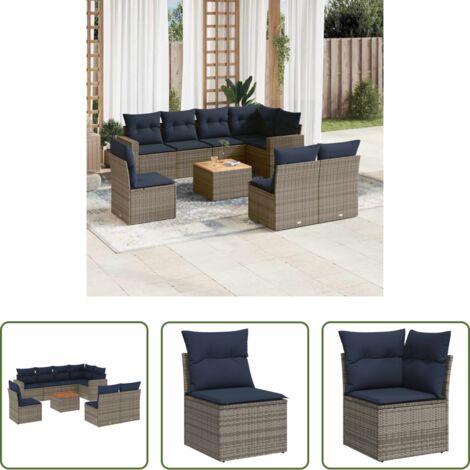 vidaXL Cuscini da giardino -  Set Divani da Giardino 9 pz con Cuscini Grigio in Polyrattan
