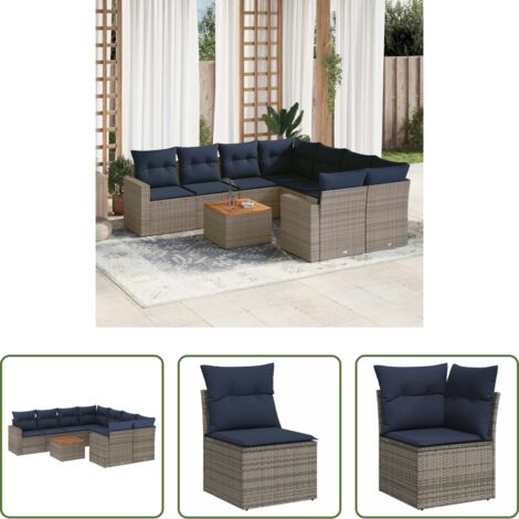 vidaXL Cuscini da giardino -  Set Divani da Giardino 9 pz con Cuscini Grigio in Polyrattan