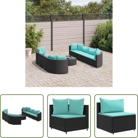 vidaXL Cuscini da giardino -  Set Divani da Giardino 9 pz con Cuscini Nero in Polyrattan