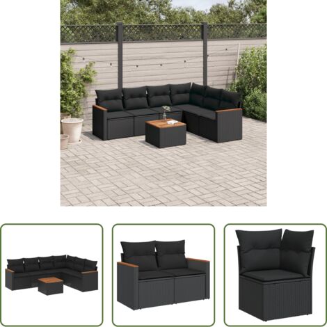 vidaXL Cuscini da giardino -  Set Divani da Giardino con Cuscini 7pz Nero Polyrattan