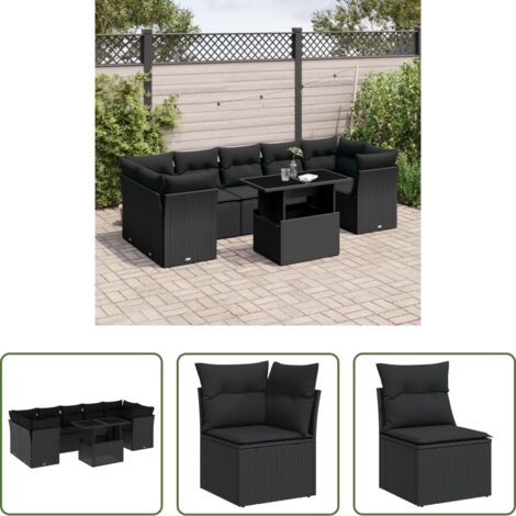 vidaXL Cuscini da giardino -  Set Divani da Giardino con Cuscini 8 pz Nero in Polyrattan