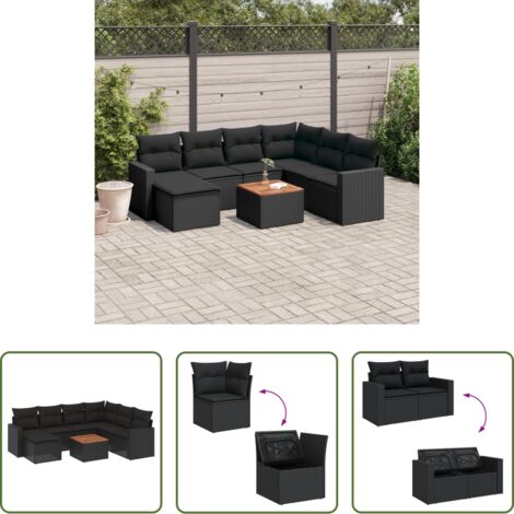 vidaXL Cuscini da giardino -  Set Divani da Giardino con Cuscini 8 pz Nero in Polyrattan