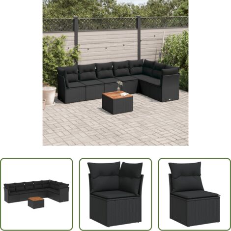 vidaXL Cuscini da giardino -  Set Divani da Giardino con Cuscini 8 pz Nero in Polyrattan